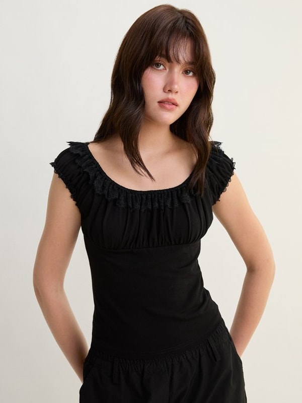POMELO Fashion Ruffle Trim Wide Neck Top 评测