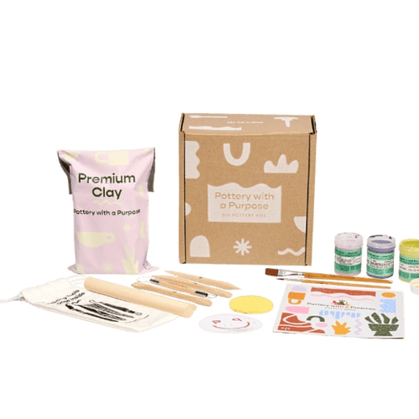 Pottery With A Purpose Deluxe Clay Kit - Ceramic Description Our ultimate DIY pottery kit for anyone wanting lasting, functional pottery. The Deluxe Clay Kit includes everything you need to sculpt and decorate your pieces with 3 vibrant underglazes (aka paint for ceramics) for designs that withstand time. Once kiln fired and glazed, your creations will be waterproof and food-safe ,  perfect for mugs, bowls, planters, and more. Find a kiln near you here.  Whether you're new to pottery or returning to a beloved hobby, this set has all the tools and materials for a professional finish.  Notes:   Underglazes come in metal tins, not plastic bottles pictured. The pottery pictured has been kiln fired + glazed.Review