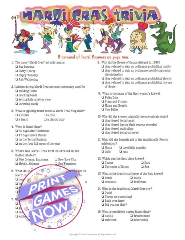 Print Games Now Mardi Gras Trivia Party Game Review