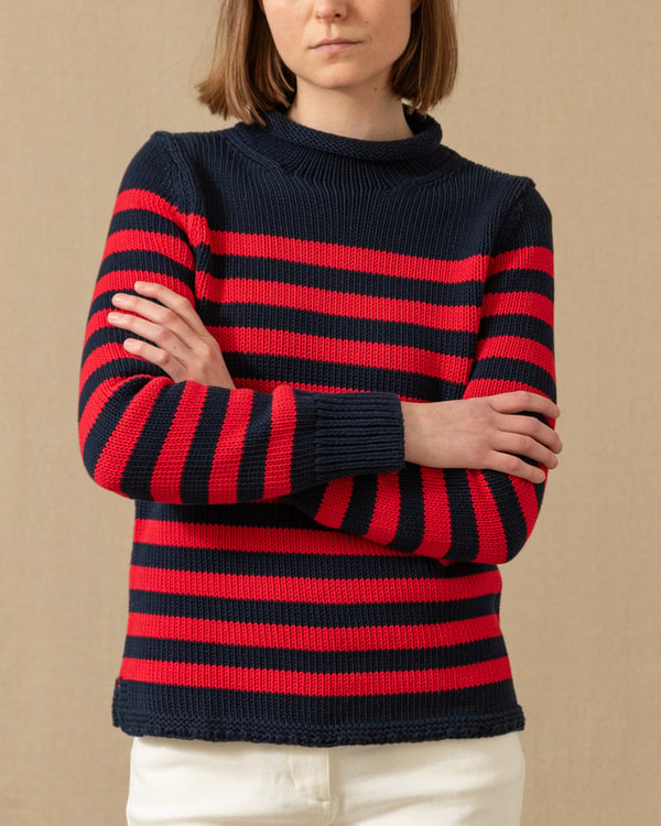 Quaker Marine Supply Co. Women's Breton Stripe Fisherman's Sweater in Navy/Red Review