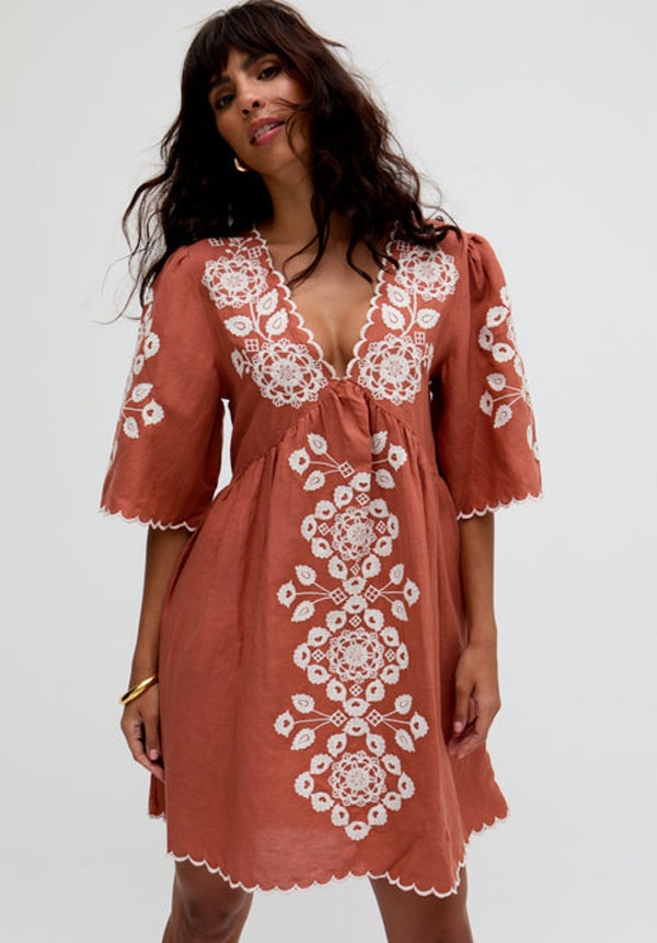 Raffya Arabella V- Neck Embroidered Mini Dress In Brown Reviews