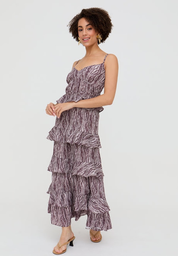 Raffya Tangiers Tiered Line Print Maxi Dress In Multi Reviews