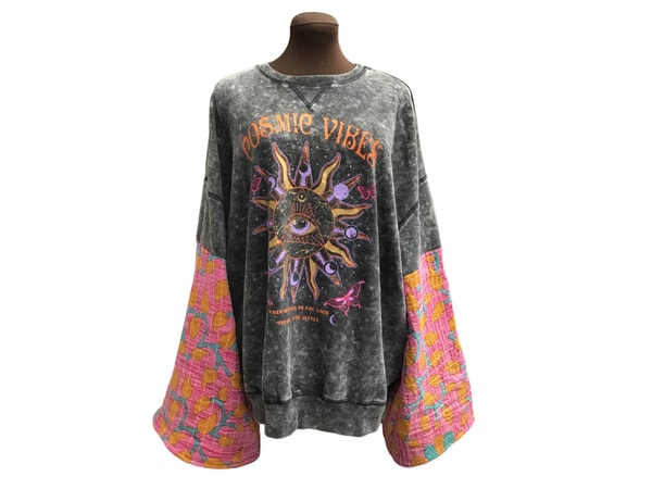 RE.STATEMENT Cosmic Vibes Boho Ladies Upcycled Cotton Sweatshirt with Long Bell Sleeves / One of a Kind Review