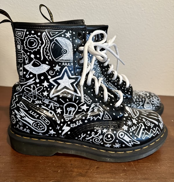 RE.STATEMENT Doodle Docs. Upcycled Doc Martens hand painted in space design Review