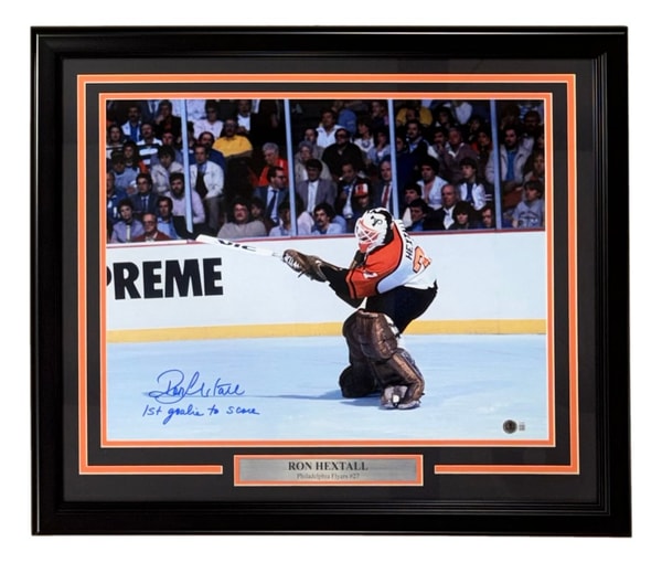 Sports Integrity Ron Hextall Signed Framed 16x20 Flyers Goal Photo 1st Goalie To Score BAS Review