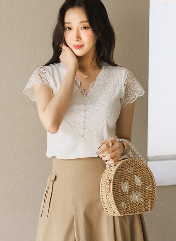 Styleonme Pearl-embellished Cap-Sleeve Lace Knit Top レビュー