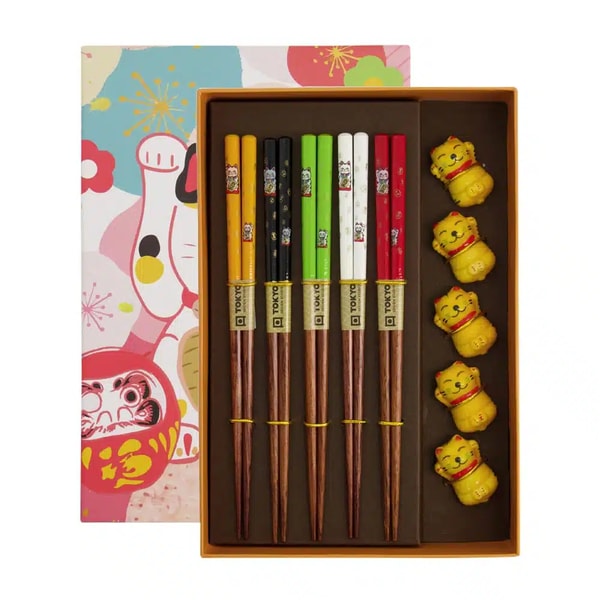 The Oriental Shop Tokyo Design Studio Eetstokjes Giftset &ndash; Lucky Cat &ndash; 5 Paar Beoordeling