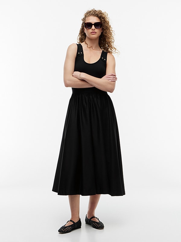 Tommy Hilfiger Gold-Tone Button Slim Mixed Midi Dress V&eacute;lem&eacute;ny