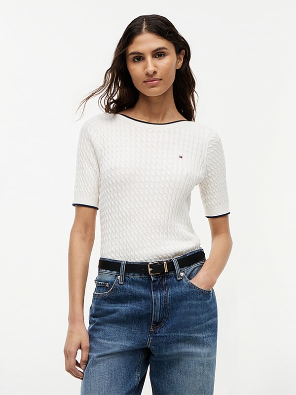 Tommy Hilfiger Cable Knit Boat Neck Short Sleeve Jumper V&eacute;lem&eacute;ny