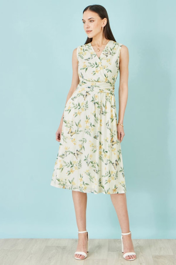 Yumi White Floral Print Mesh Stretch Midi Dress With Pockets Reviews